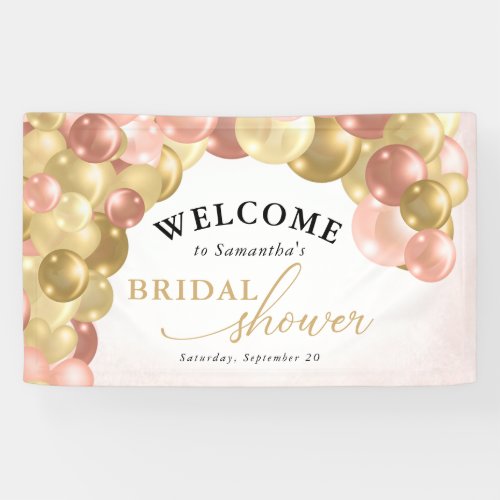 Balloon Arch Pink and Gold Bridal Shower Welcome Banner - This bridal shower banner features an elegant balloon arch in the colors of pink, rose gold and gold. This design offers custom text for the name of the bride-to-be and shower date.