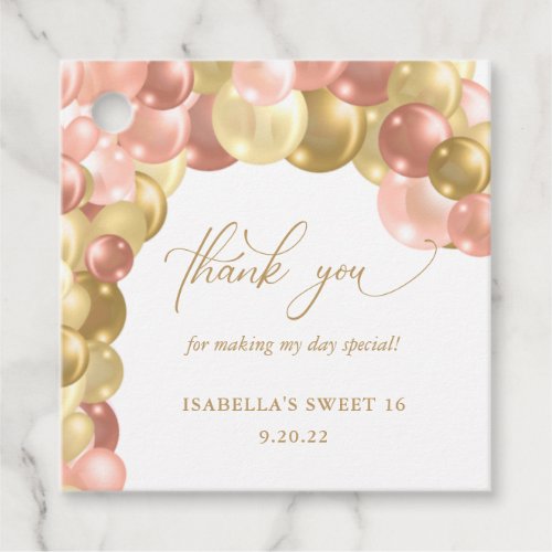 Balloon Arch Pink and Gold Sweet 16 Thank You Favor Tags - Add this cute favor tag to your sweet 16 party guest gifts. The design features an elegant graphic of a balloon arch in the colors of pink, rose gold and gold and script text. 
