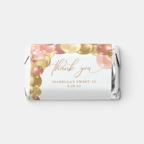 Balloon Arch Pink and Gold Sweet 16 Thank You Hershey's Miniatures - This mini candy bar is designed for a sweet 16 party thank you favor. The design features an elegant graphic of a balloon arch in the colors of pink, rose gold and gold. 
