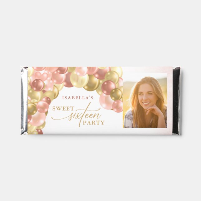 Balloon Arch Pink & Gold Photo Sweet 16 Thank You Hershey Bar Favors (Front)