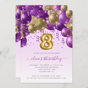 Balloon Arch Purple Gold Girls 8th Birthday Party Invitation