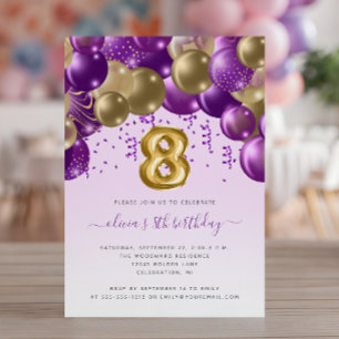 Balloon Arch Purple Gold Girls 8th Birthday Party Invitation