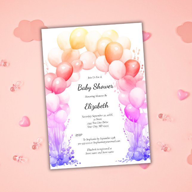  Balloon Arch Rainbow Colors Baby Girl Baby Shower Invitation (Baby Girl Baby Shower Invitation Balloon Arch Pink Yellow Orange Red Rainbow Colors)
