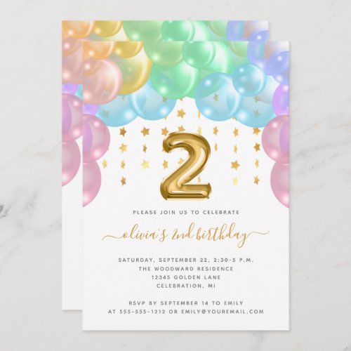 Balloon Arch Rainbow Gold Girls 2nd Birthday Party Invitation