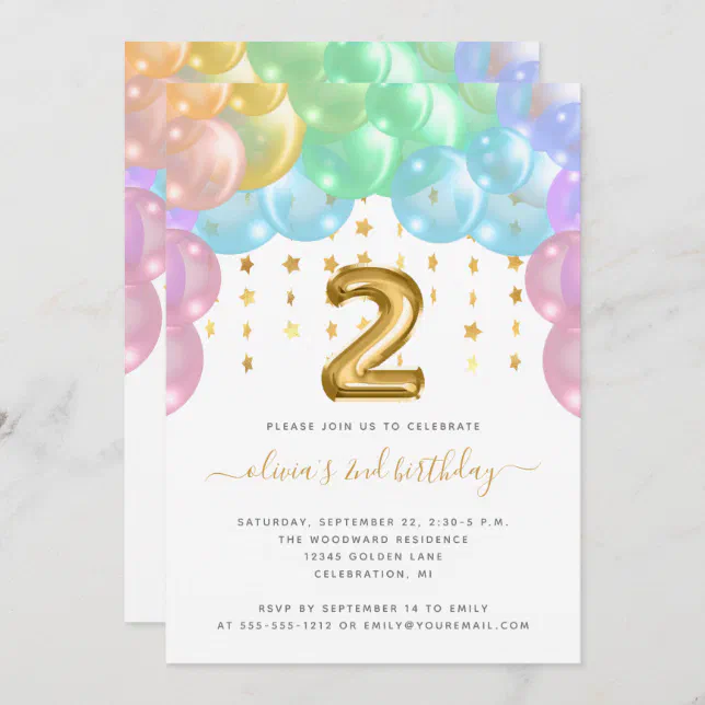 Balloon Arch Rainbow Gold Girls 2nd Birthday Party Invitation | Zazzle