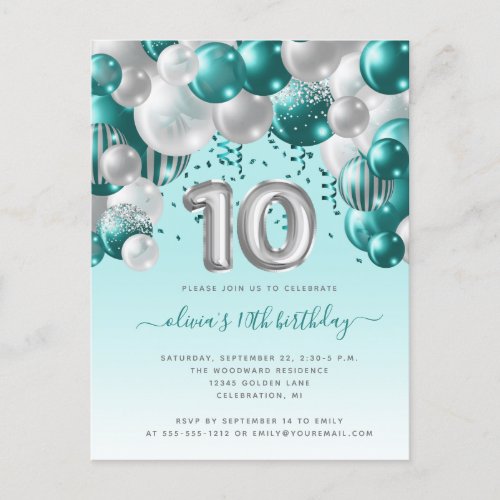 Balloon Arch Teal Silver 10th Birthday Party Postcard