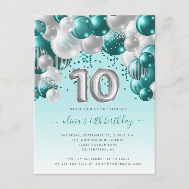 Balloon Arch Teal Silver 10th Birthday Party Postcard (Front)