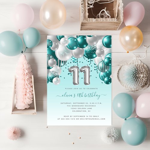 Balloon Arch Teal Silver 11th Birthday Party Postcard