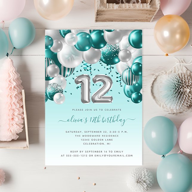 Balloon Arch Teal Silver 12th Birthday Party Postcard (Creator Uploaded)