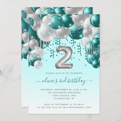 Balloon Arch Teal Silver Girls 2nd Birthday Party Invitation