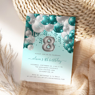 Balloon Arch Teal Silver Girls 8th Birthday Party Invitation