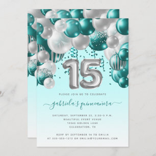 Balloon Arch Teal Silver Quinceañera Invitation