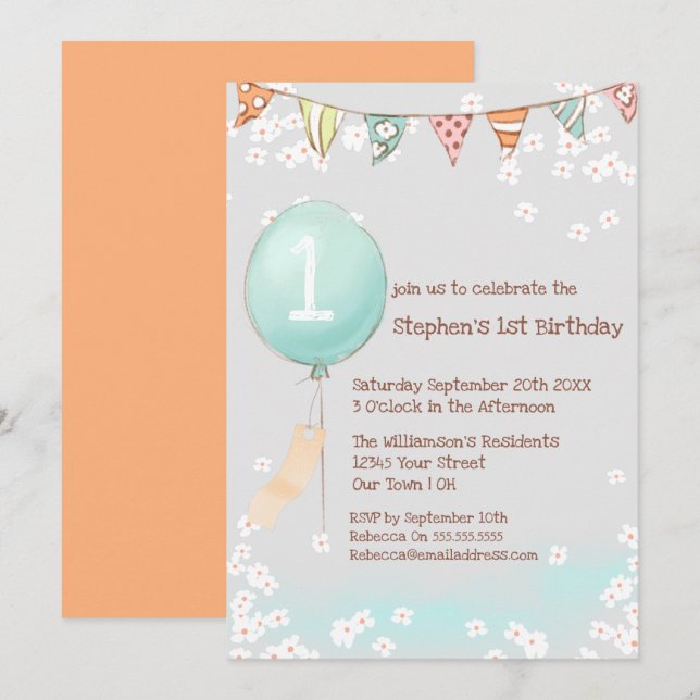 Balloon Baby Boy 1st Birthday  Invitation (Front/Back)