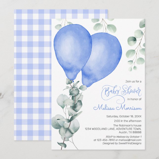 Balloon Baby Boy Shower Invitation (Front/Back)