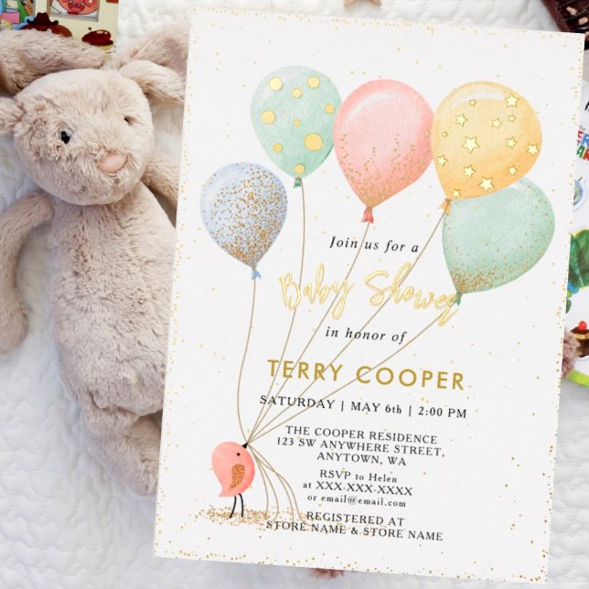 Balloon baby shower watercolor foil invitation (Creator Uploaded)