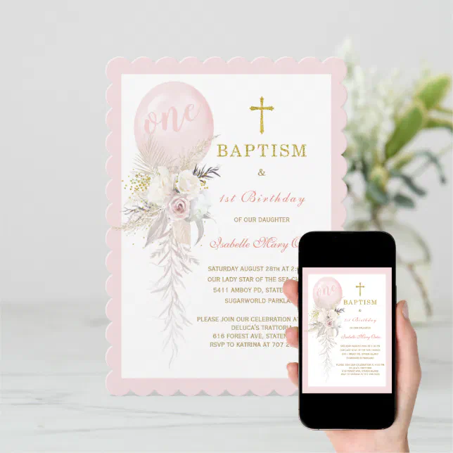 Balloon Baptism and First Birthday Invitation Zazzle
