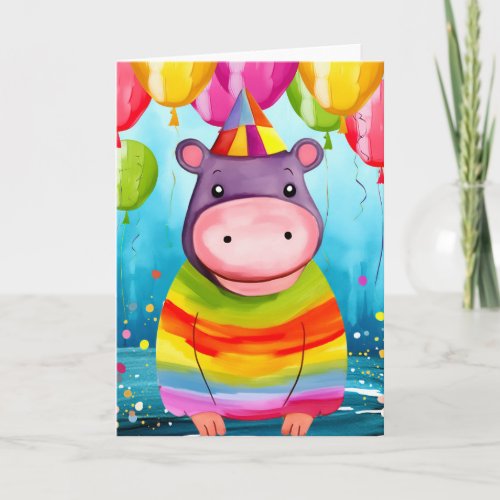 Balloon Bash Hippo Cute Kids Birthday Card