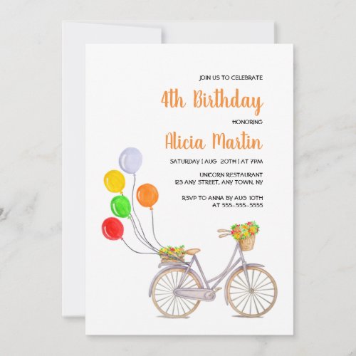 Balloon Basket Flower Bicycle Any Age Birthday Invitation