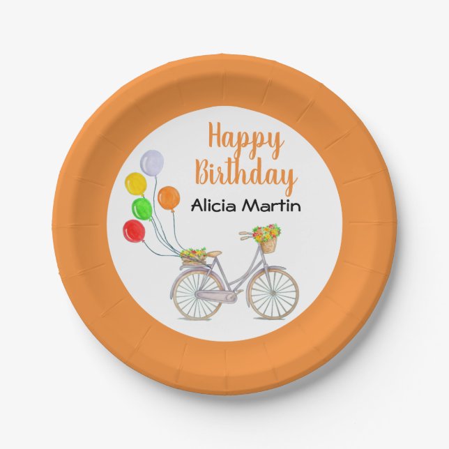 Balloon Basket Flower Bicycle Any Age Birthday Paper Plates (Front)