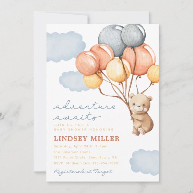 Balloon Bear Baby Shower Invitation | Adventure (Front)