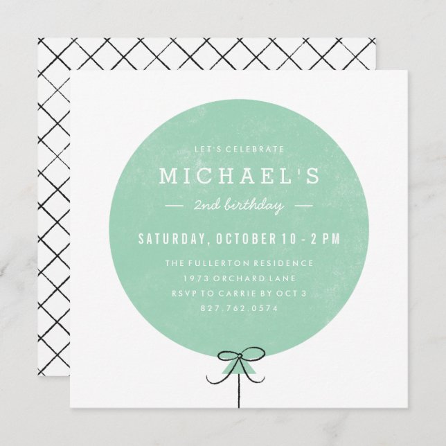 Balloon Birthday Invitation - Mint (Front/Back)
