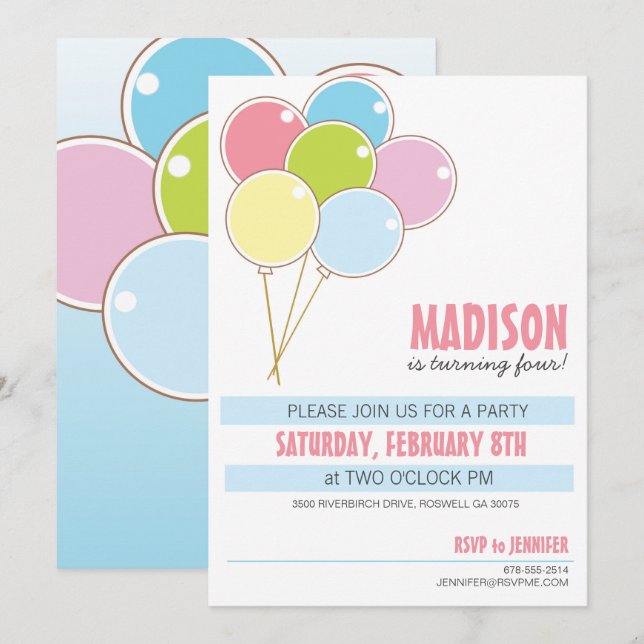 Balloon Birthday party kid's invitation (Front/Back)