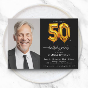 Balloon Black Gold 50th Birthday Invitation