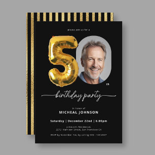 Balloon Black Gold 50th Birthday Invitation