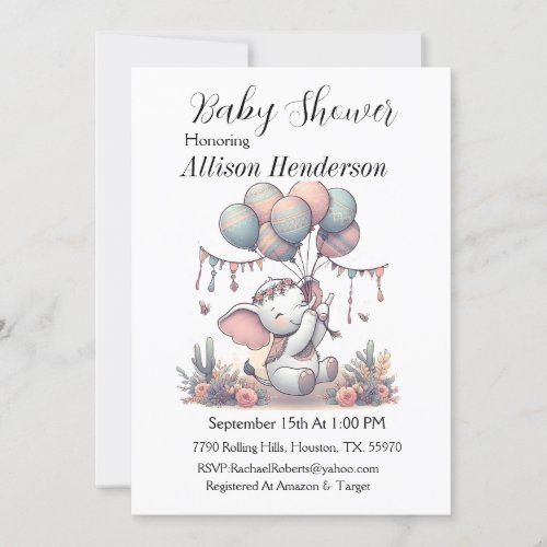 Balloon Bouquet And Adorable Elephant Baby Shower  Invitation