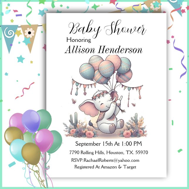 Balloon Bouquet And Adorable Elephant Baby Shower  Invitation (Creator Uploaded)