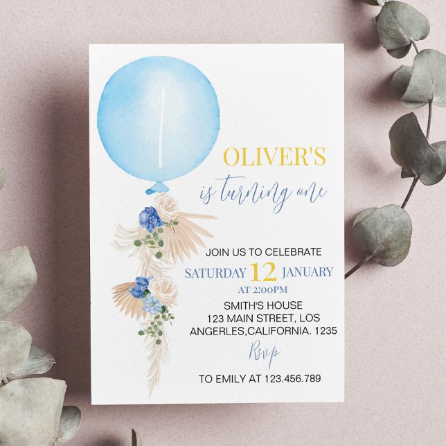 Balloon Boy First birthday Invitation Boho Floral (Creator Uploaded)