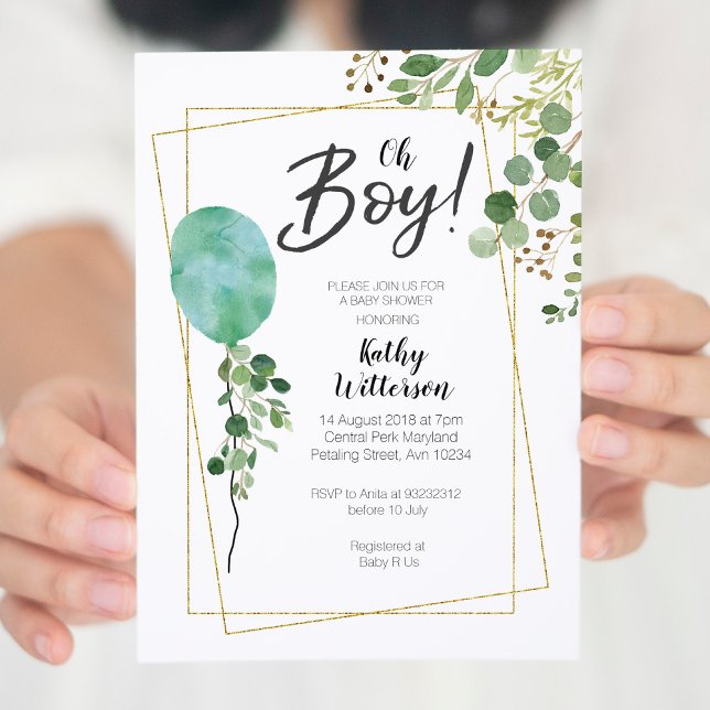 Balloon Boy Watercolor Greenery baby shower Invitation (Creator Uploaded)
