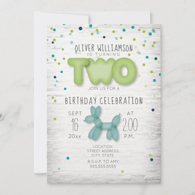 Balloon Brick Confetti Blue Green 2nd Birthday Invitation (Front)