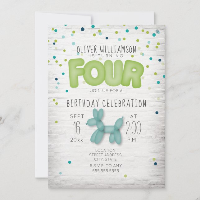 Balloon Brick Confetti Blue Green 4th Birthday Invitation (Front)