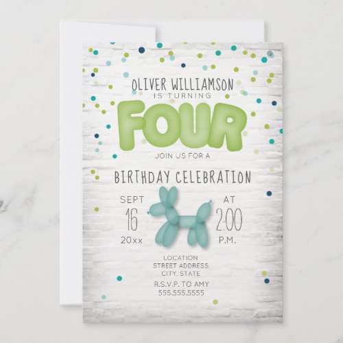 Balloon Brick Confetti Blue Green 4th Birthday Invitation