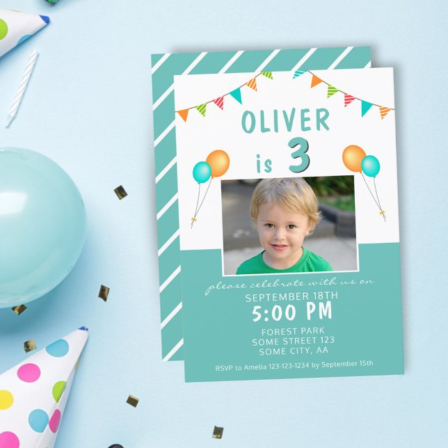 Balloon Bunting Flag Blue Photo Birthday Party Invitation (Creator Uploaded)