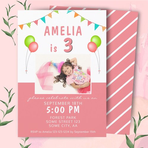 Balloon Bunting Flag Pink Photo Birthday Party Invitation