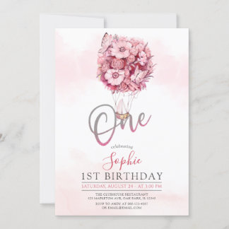 Balloon Butterfly Pink First Birthday Party Girl Invitation