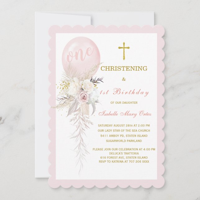 Balloon Christening and  First Birthday Invitation (Front)