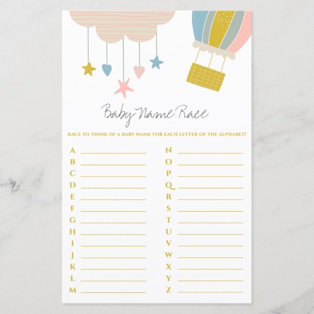 Balloon & Cloud Baby Name Race Baby Shower Game (Front)