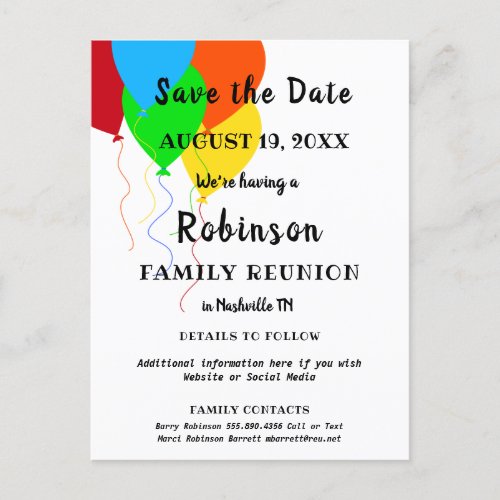 Balloon Design Fun Family Reunion Save the Date Postcard