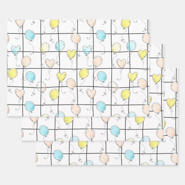 Balloon doodle gender neutral baby shower wrapping paper sheets (Set)