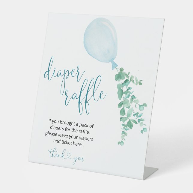 Balloon Eucalyptus Boy Baby Shower Diaper Raffle  Pedestal Sign (Front)