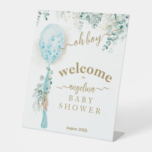 Balloon Eucalyptus gold Boy Baby Shower Welcome Pedestal Sign
