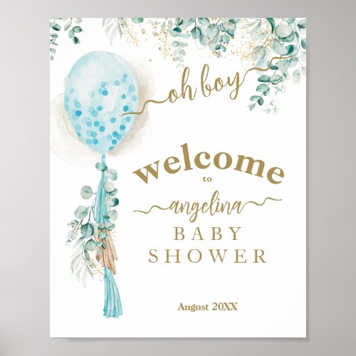 Balloon Eucalyptus gold Boy Baby Shower Welcome Poster