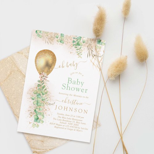 Balloon Eucalyptus Gold Glitter Baby Shower Invitation