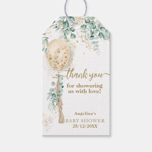 Balloon Eucalyptus gold leaves Baby Shower Gift Tags