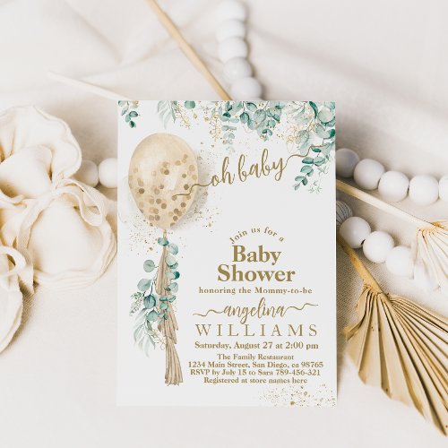 Balloon Eucalyptus gold leaves Baby Shower Invitation