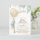 Balloon Eucalyptus gold leaves Baby Shower Invitation (Standing Front)