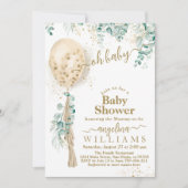 Balloon Eucalyptus gold leaves Baby Shower Invitation (Front)